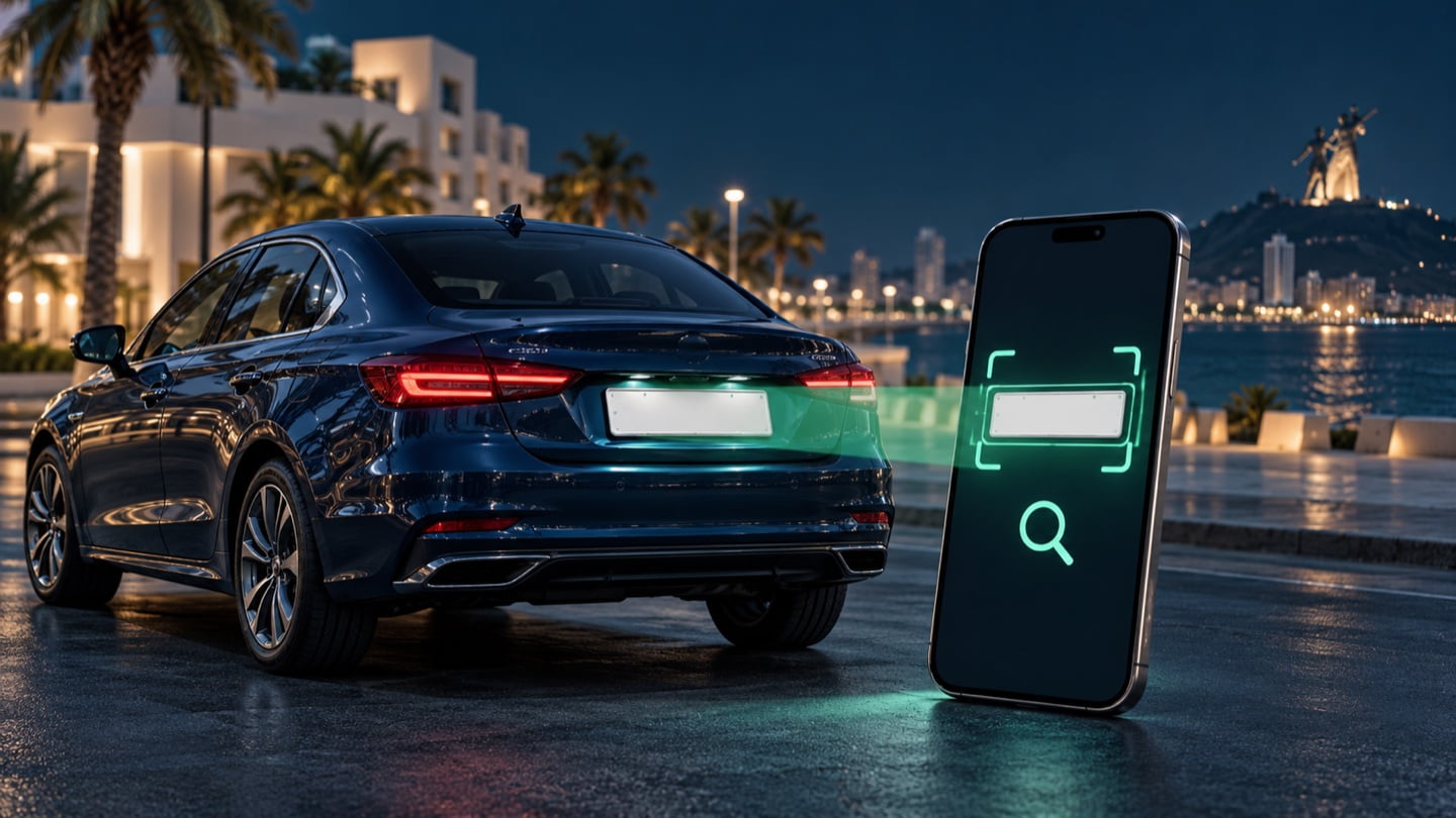 Une voiture et un téléphone illustrent la recherche d’une plaque VTC.